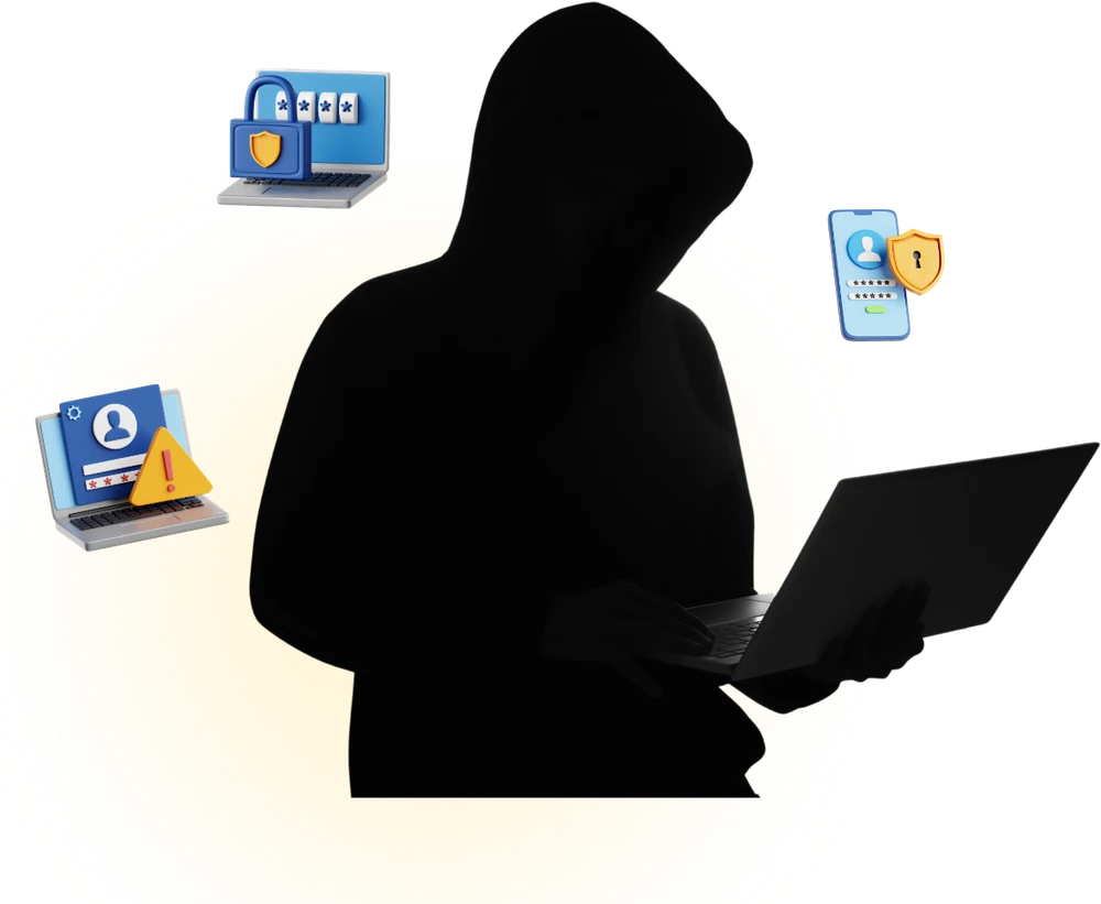 Silueta de un atacante con capucha frente a una laptop, rodeada de iconos de contraseñas, alertas y protección